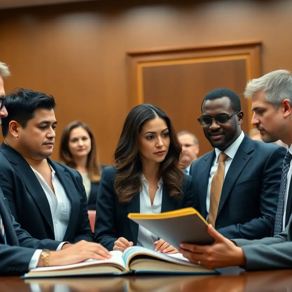 A team of lawyers working together in a courtroom setting for mass torts.