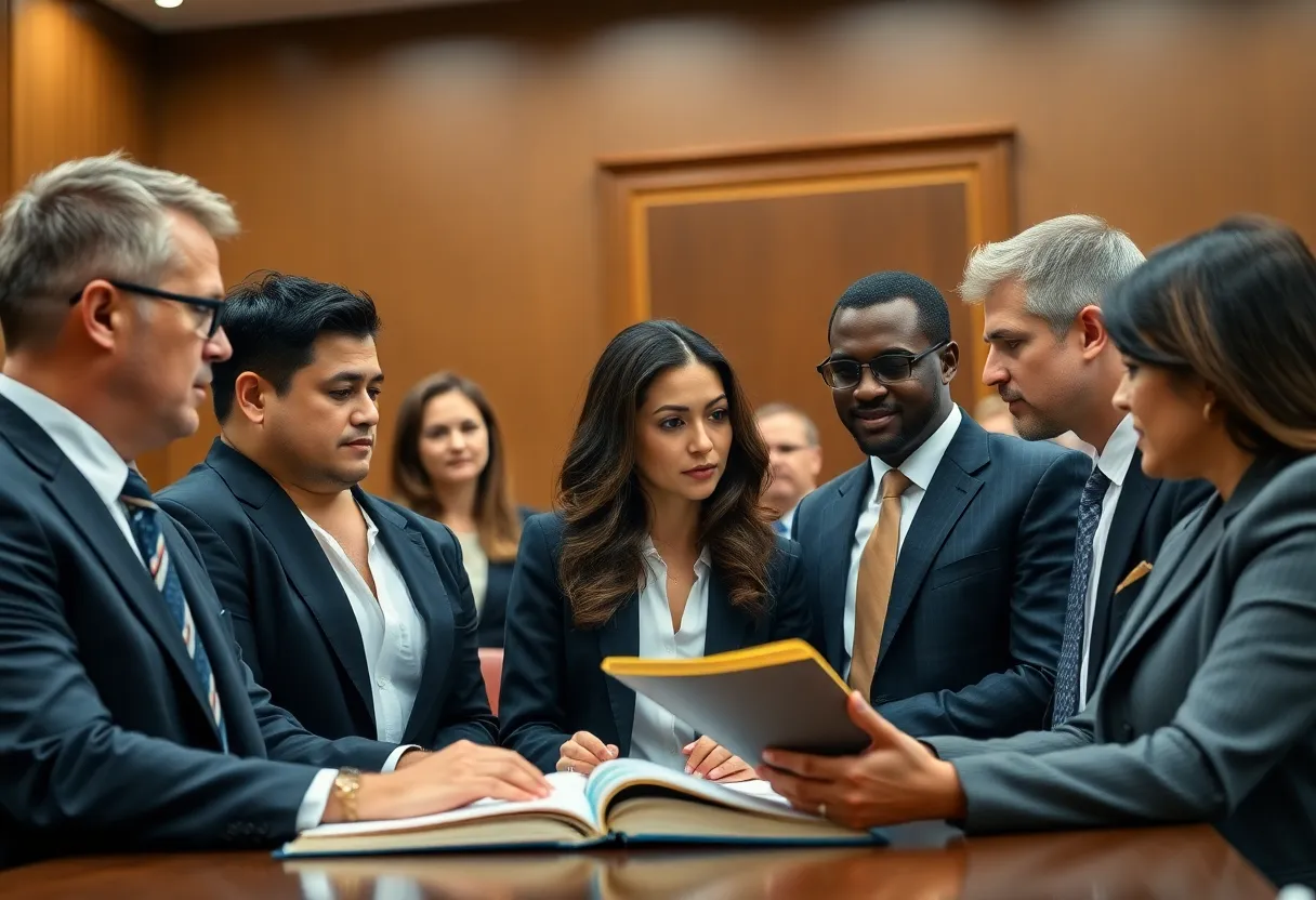 A team of lawyers working together in a courtroom setting for mass torts.