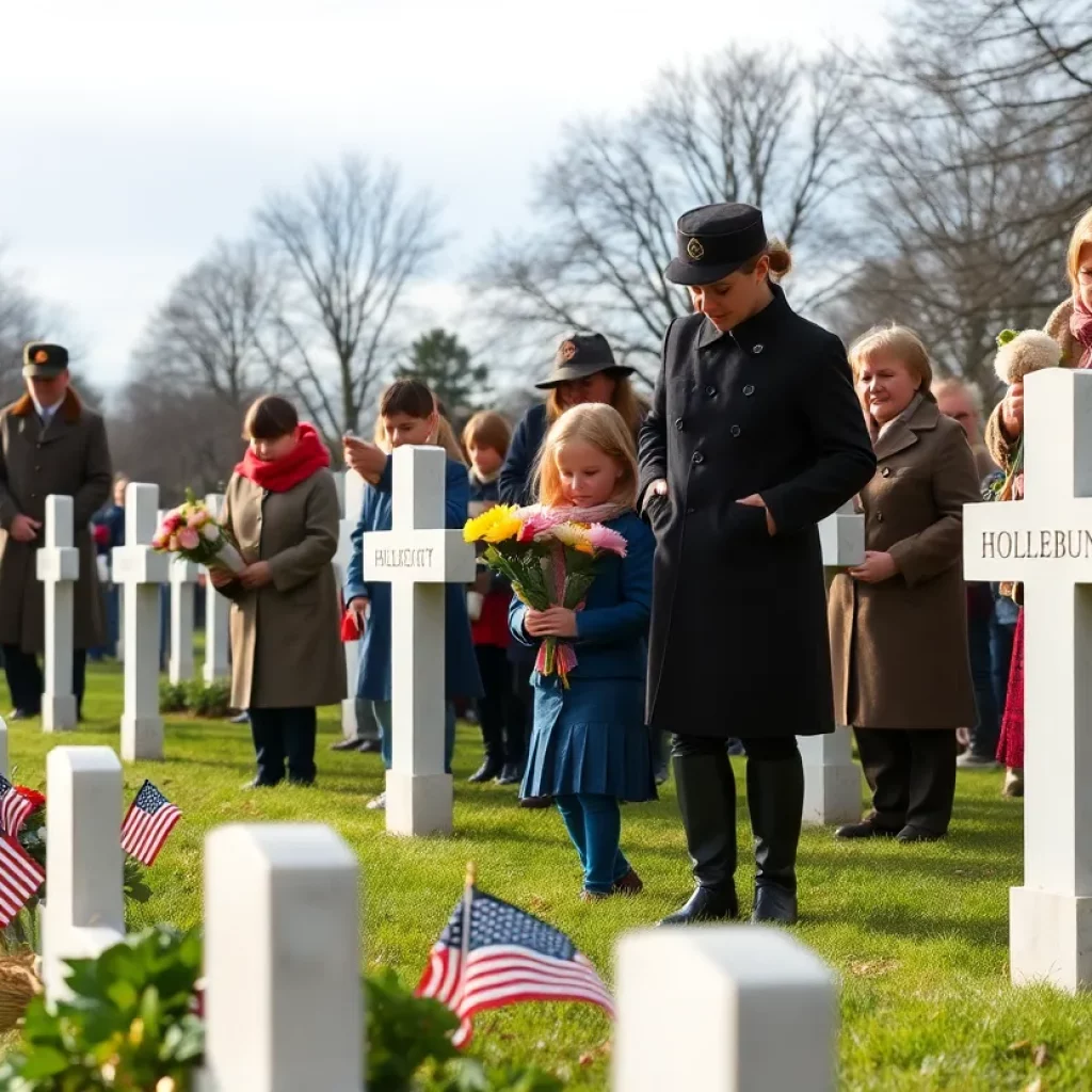 Children participating in Memorial Day tribute, carrying flowers.