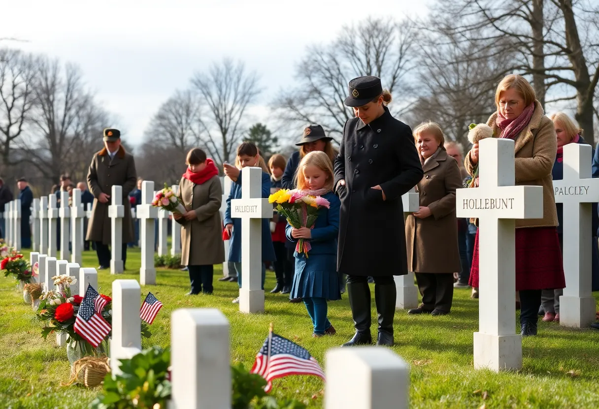 Children participating in Memorial Day tribute, carrying flowers.