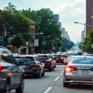 Busy street scene in Meridian, Mississippi highlighting traffic and road activity