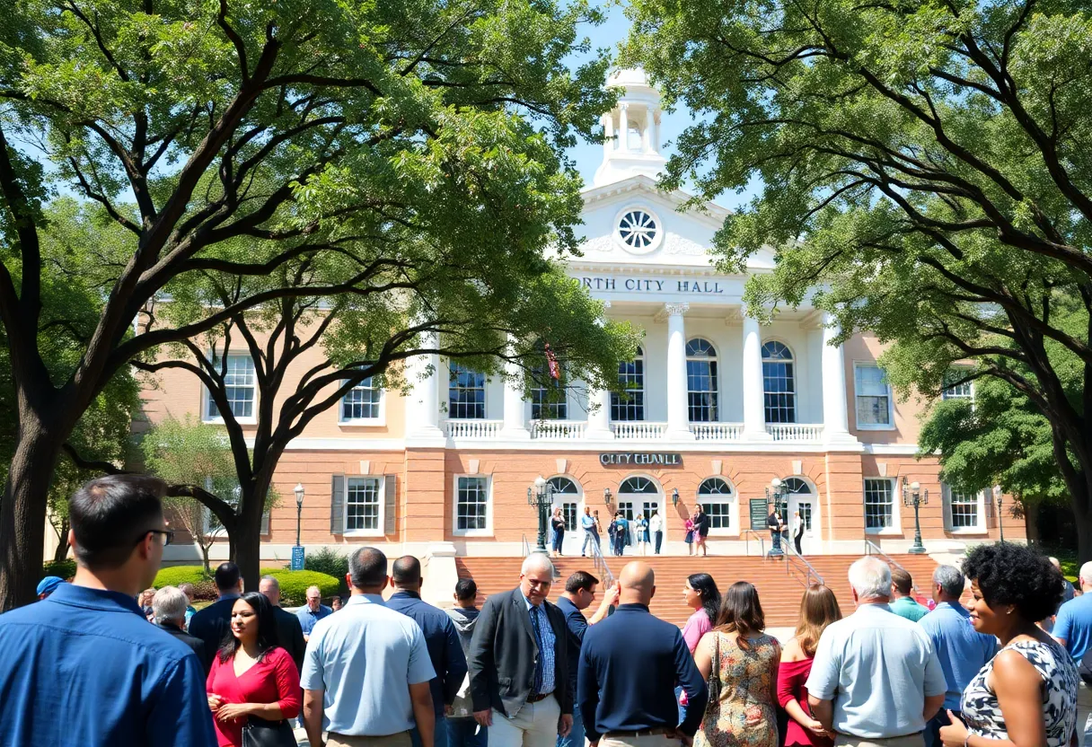 Exterior view of North Charleston City Hall with community members.