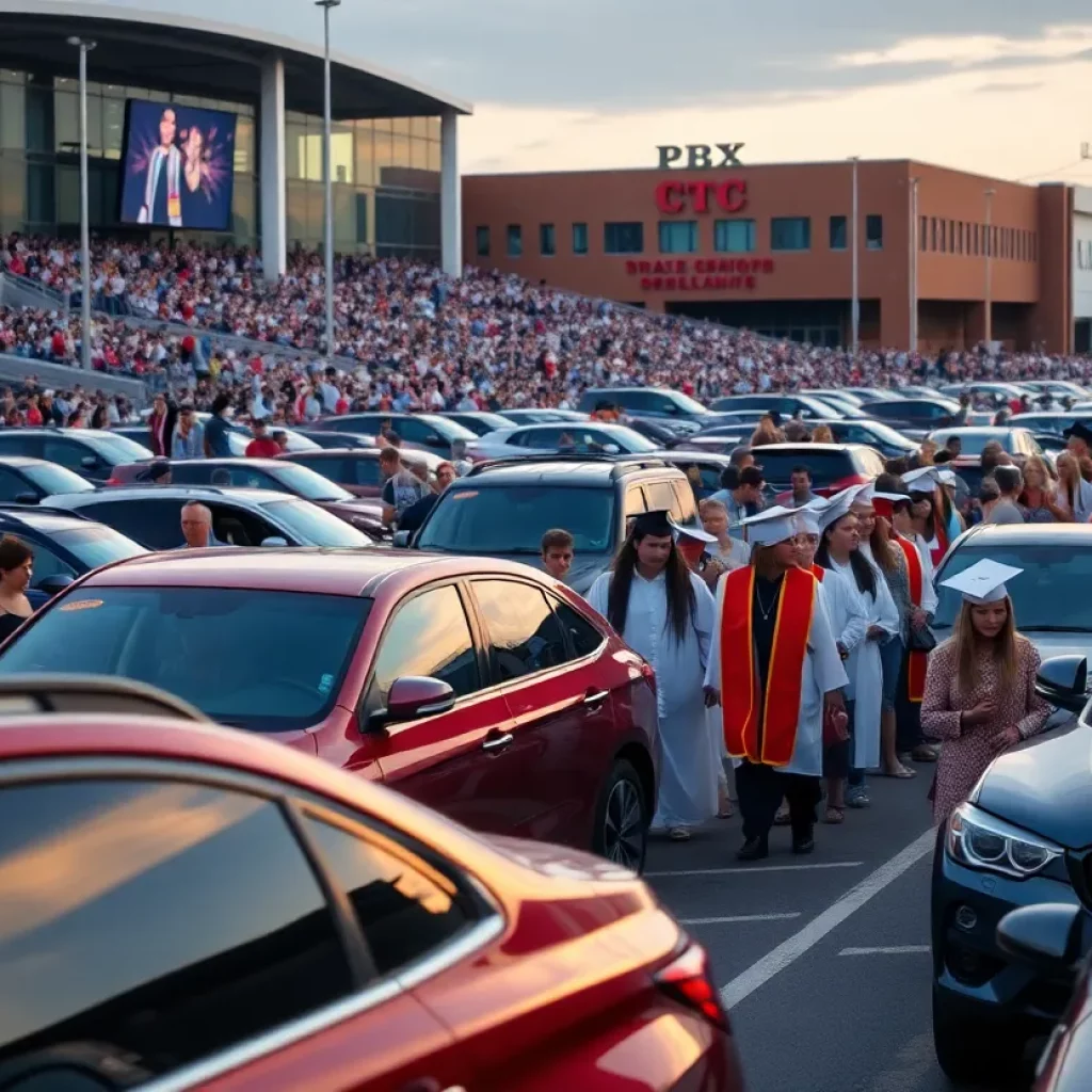 Families arriving at the North Charleston Coliseum for graduation ceremonies with limited parking options.