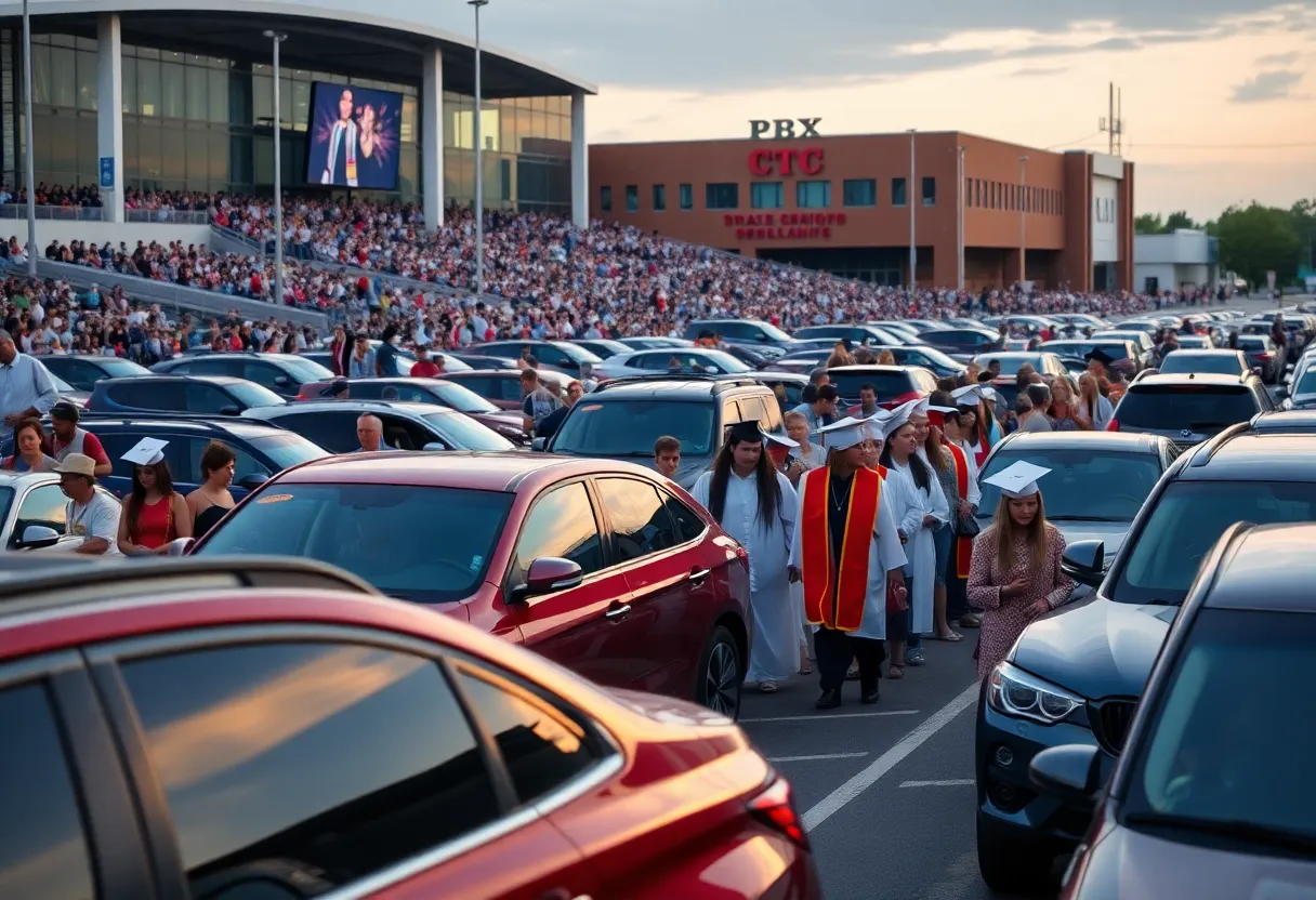 Families arriving at the North Charleston Coliseum for graduation ceremonies with limited parking options.