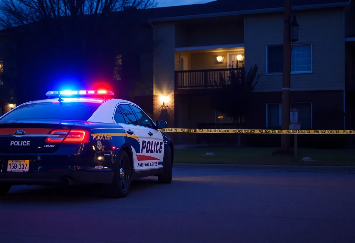 Police car with flashing lights outside Greentree North Apartments