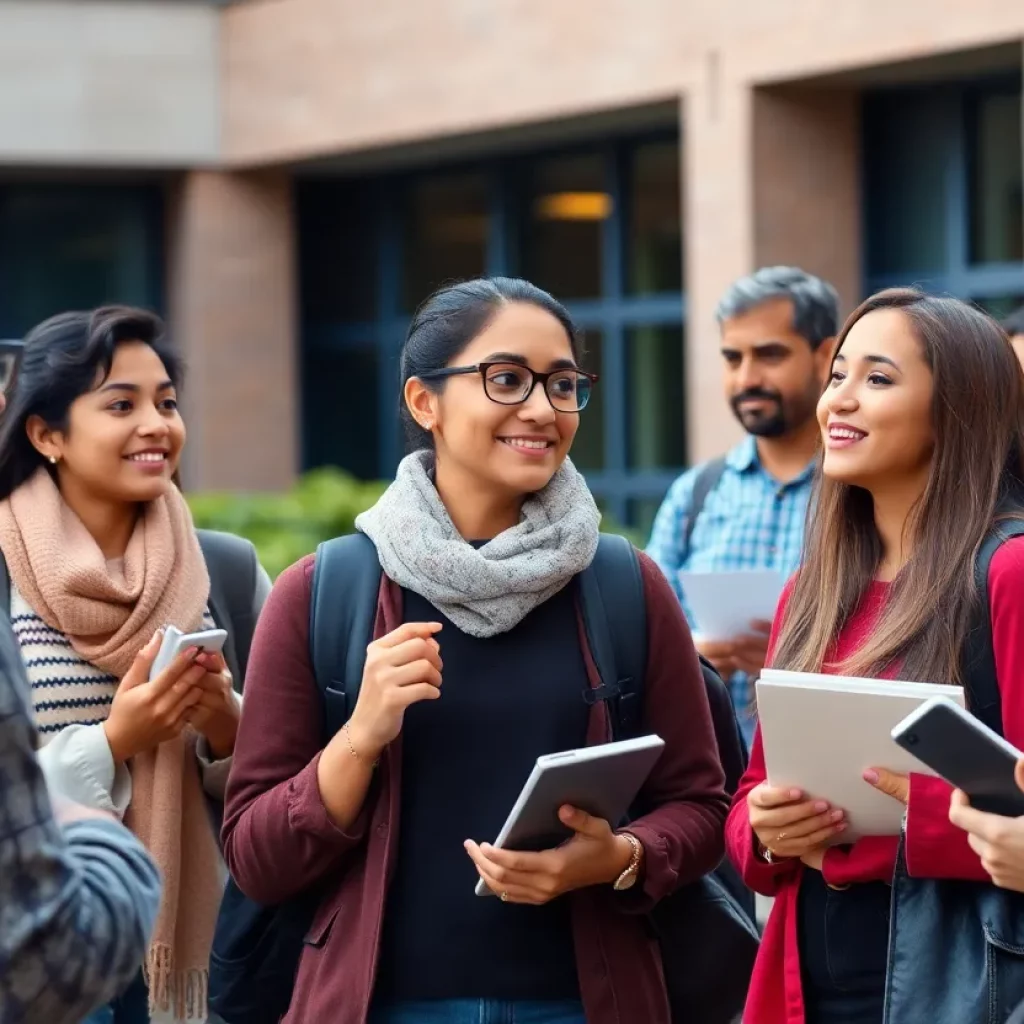 Students representing diverse cultures engaged in discussion on campus