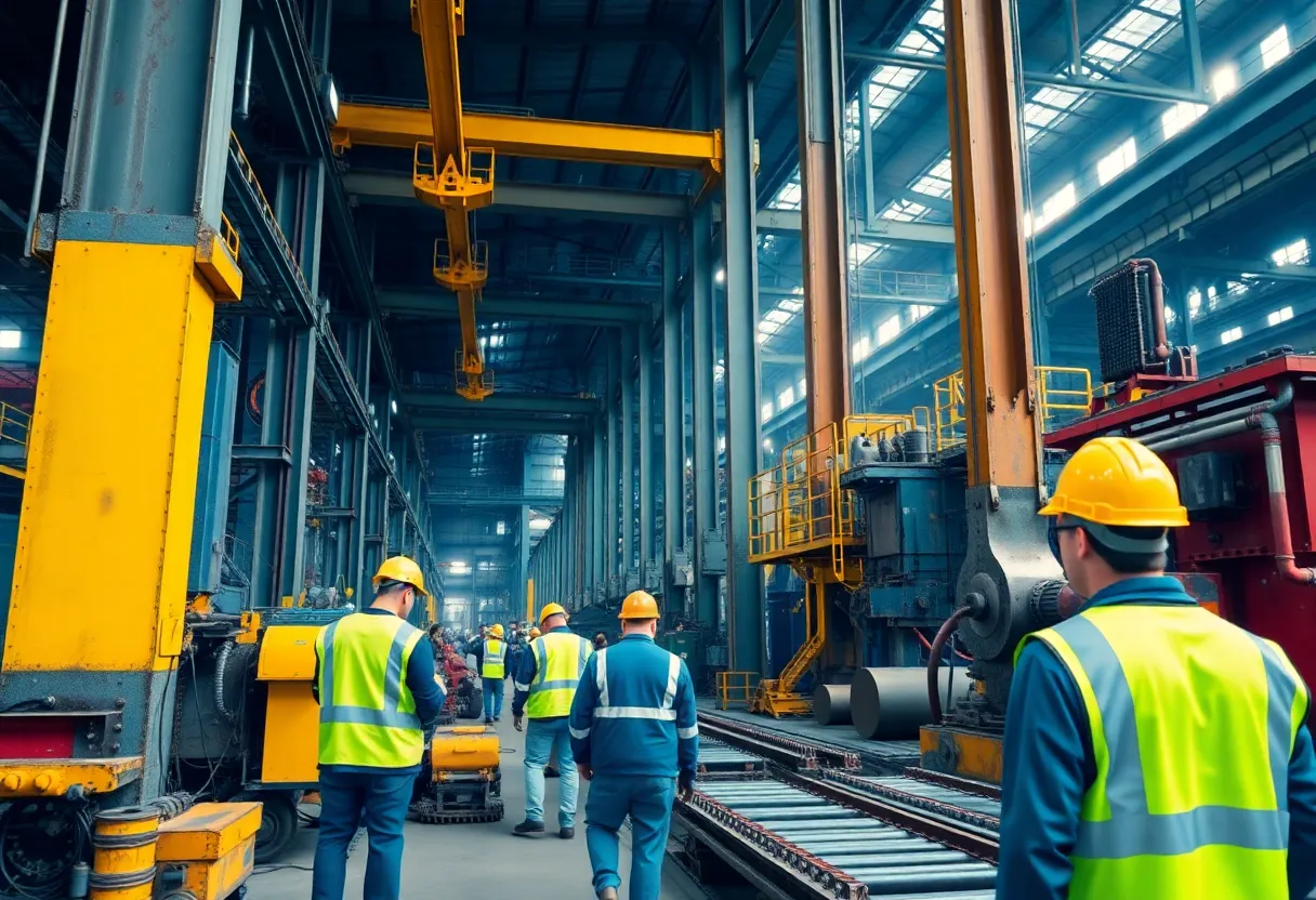 Workers operating machinery at the Nucor Steel plant.