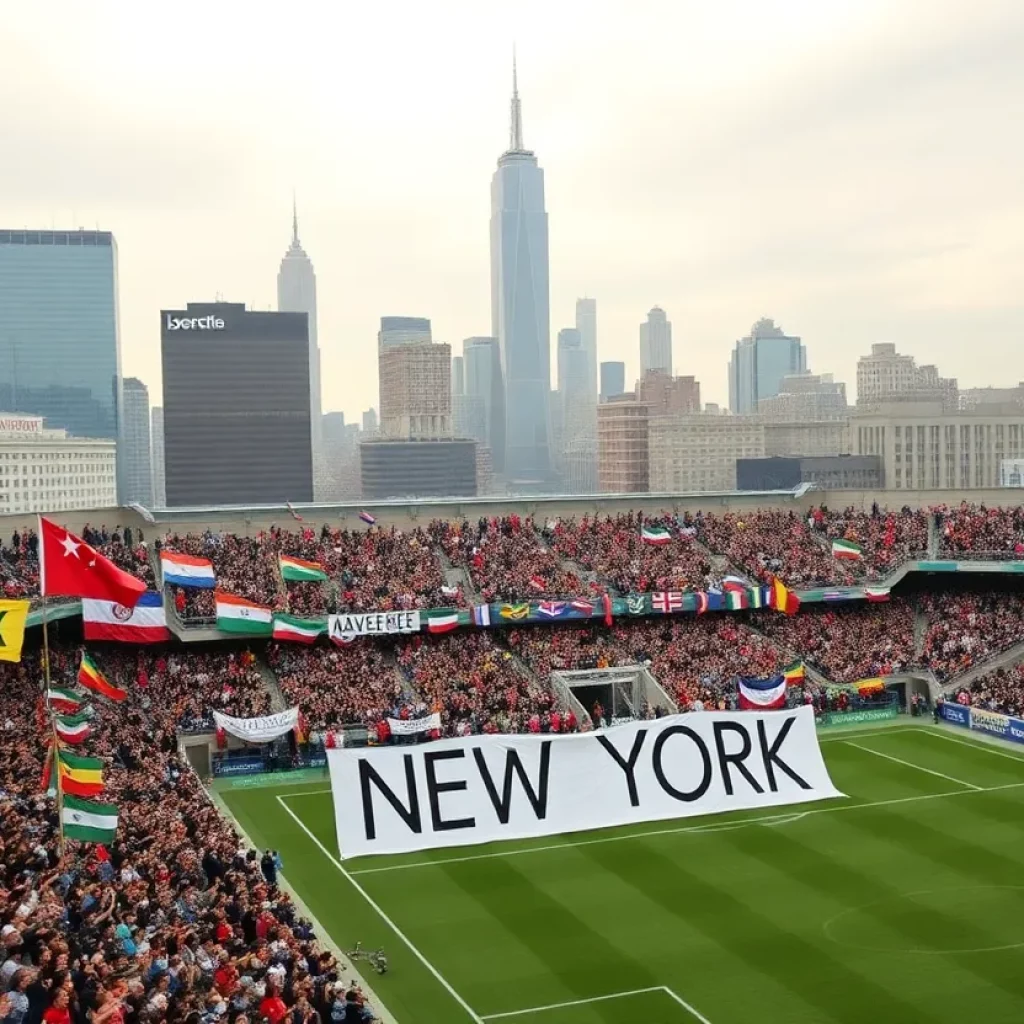 Fans celebrating at NYCFC event with banners in a vibrant stadium