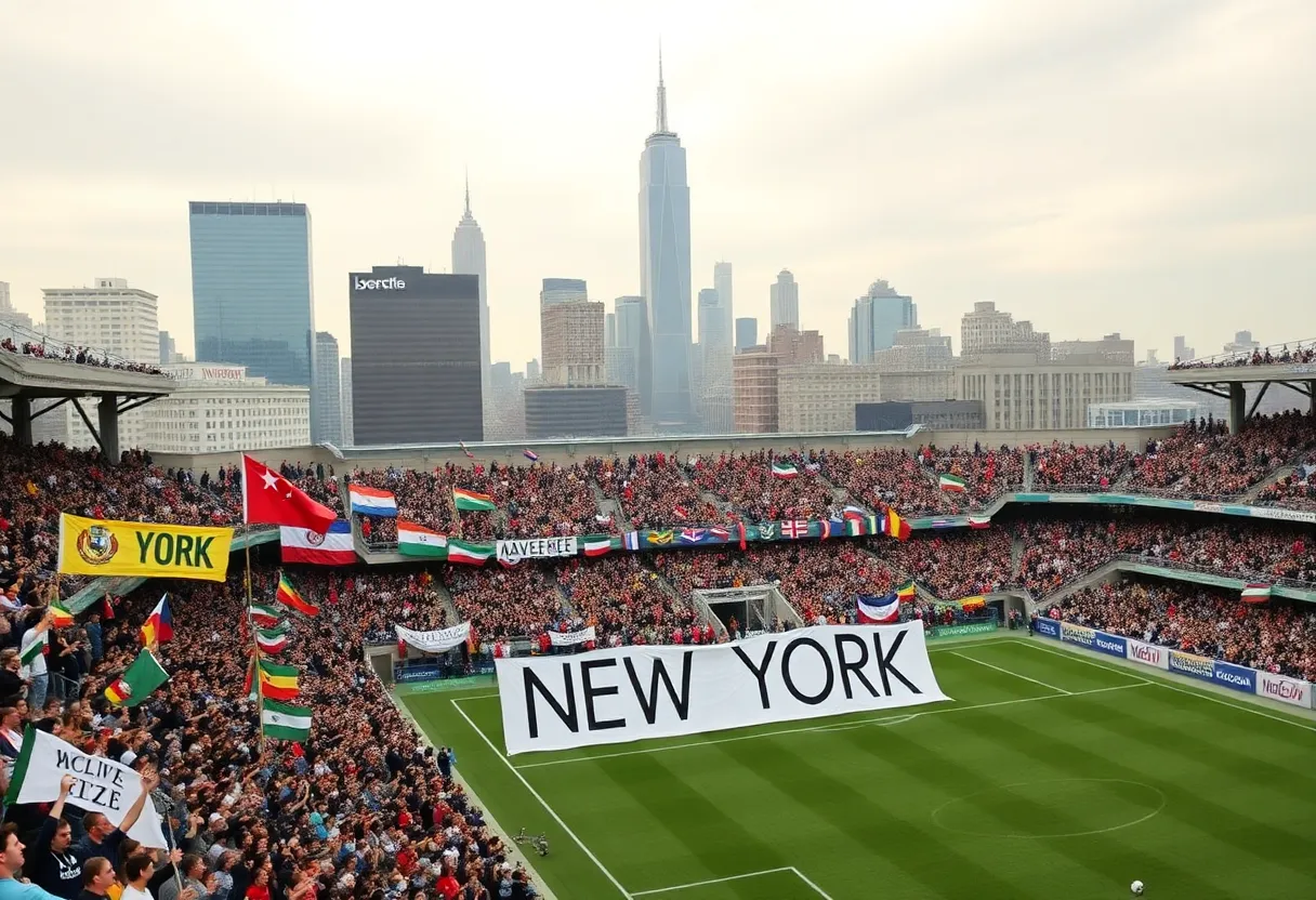 Fans celebrating at NYCFC event with banners in a vibrant stadium