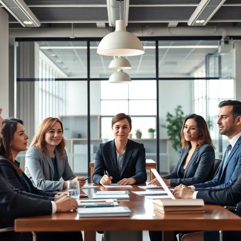 A diverse group of lawyers collaborating in a modern law office.