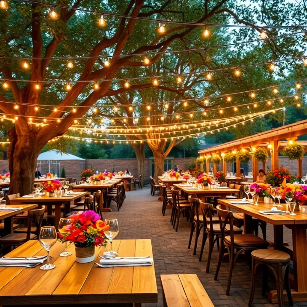 Outdoor dining area at Lost Isle restaurant with natural decor