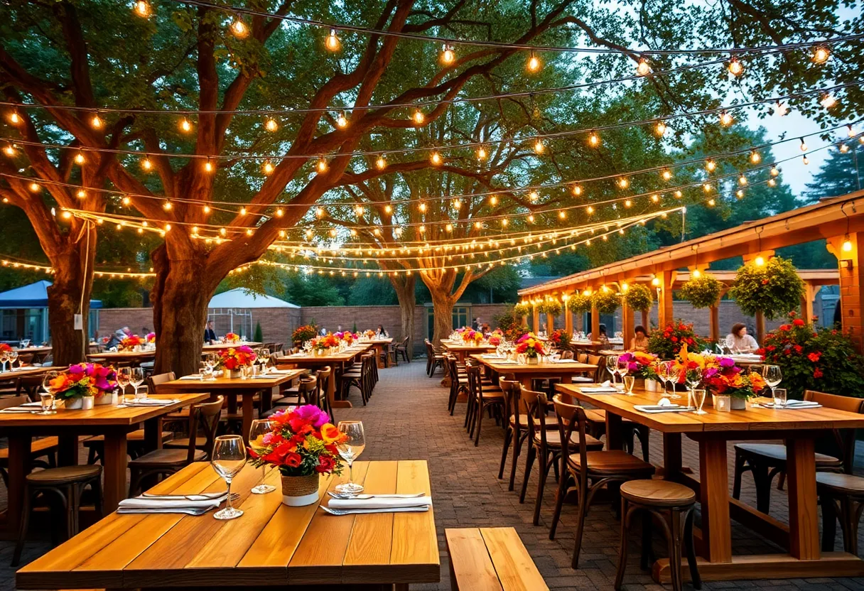 Outdoor dining area at Lost Isle restaurant with natural decor