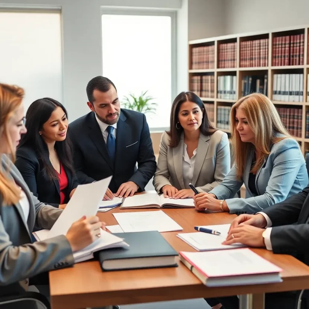 Lawyers in a meeting discussing personal injury cases in an office.