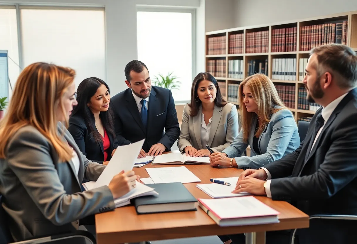Lawyers in a meeting discussing personal injury cases in an office.