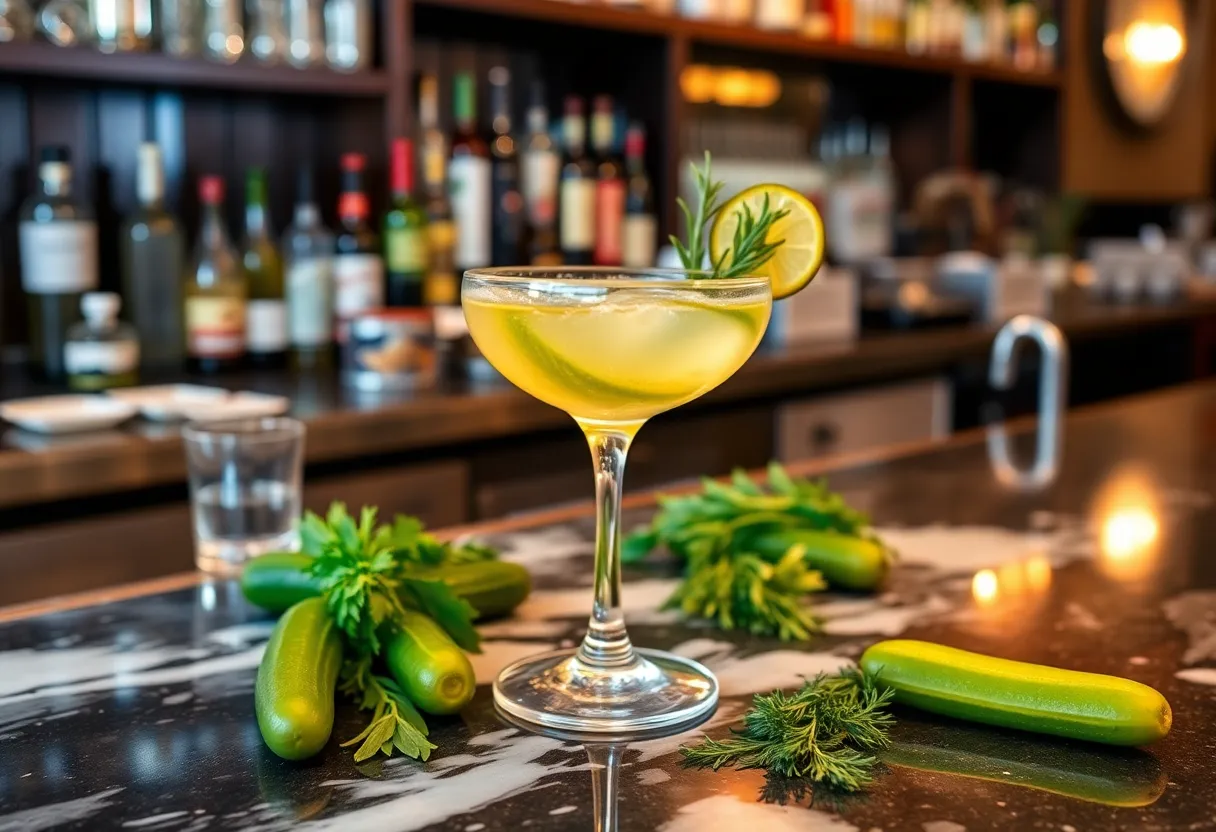 Pickle martini served in a stylish bar in Charleston, South Carolina