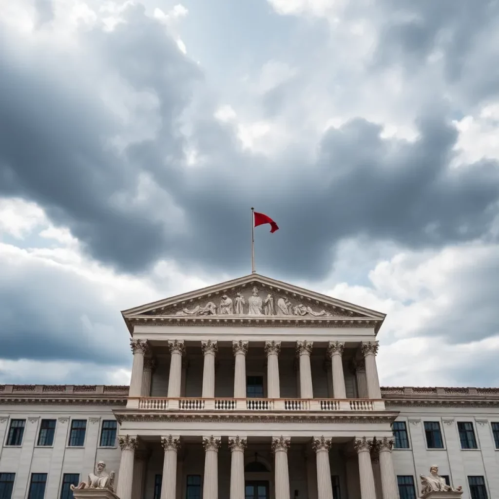 Legislative building symbolizing political tension in the justice system.