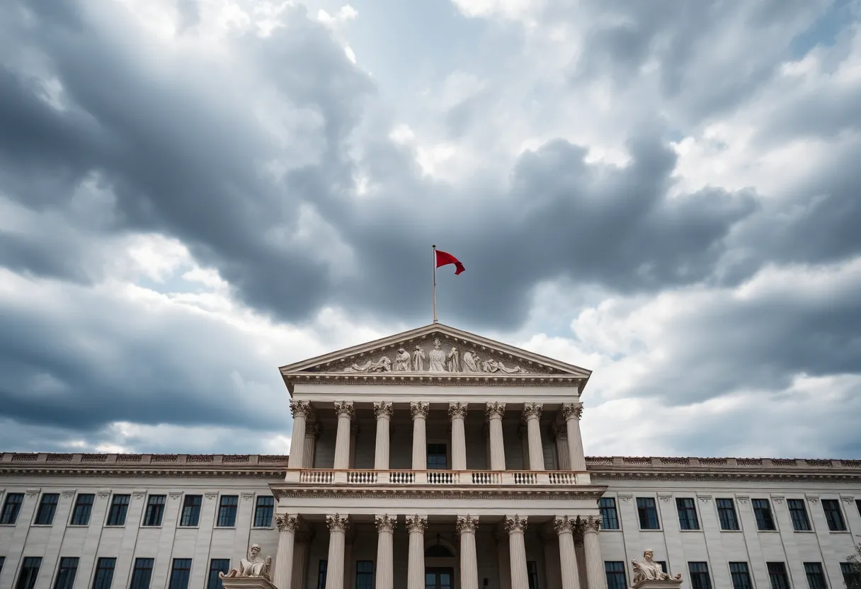 Legislative building symbolizing political tension in the justice system.