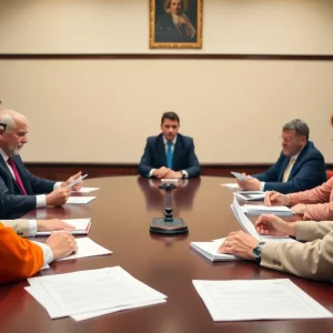 Town council discussing legal issues during a meeting