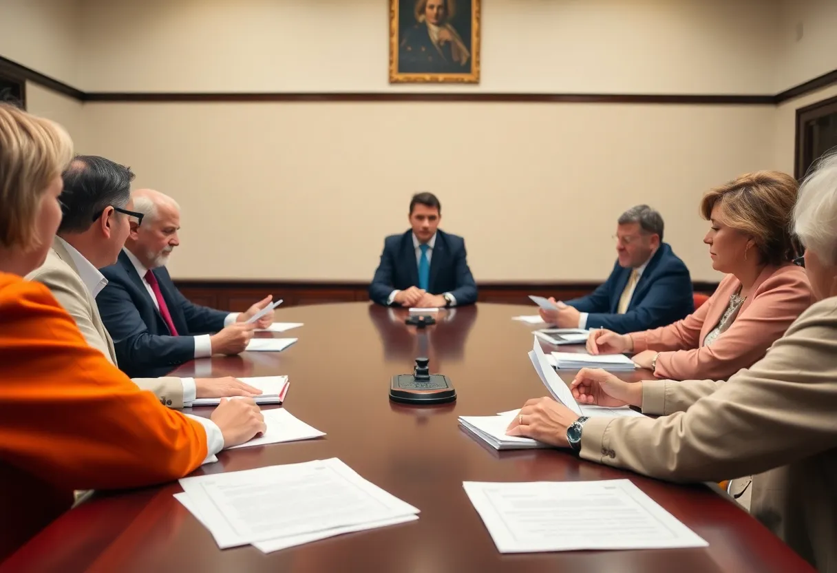 Town council discussing legal issues during a meeting
