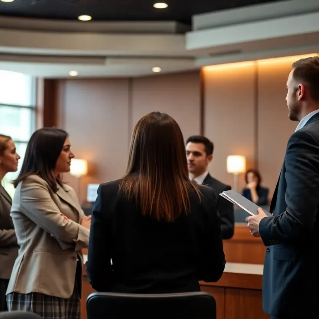 Legal professionals discussing personal injury cases in a courtroom