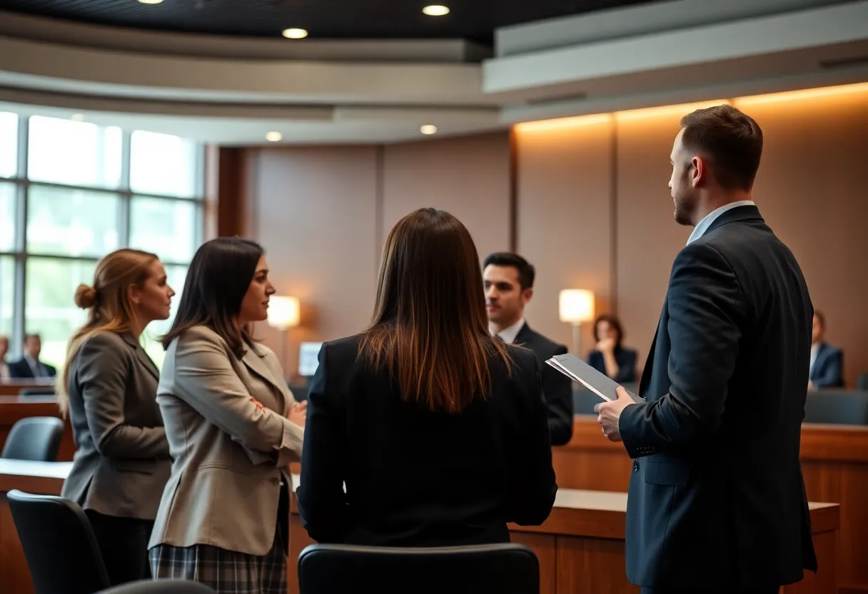 Legal professionals discussing personal injury cases in a courtroom