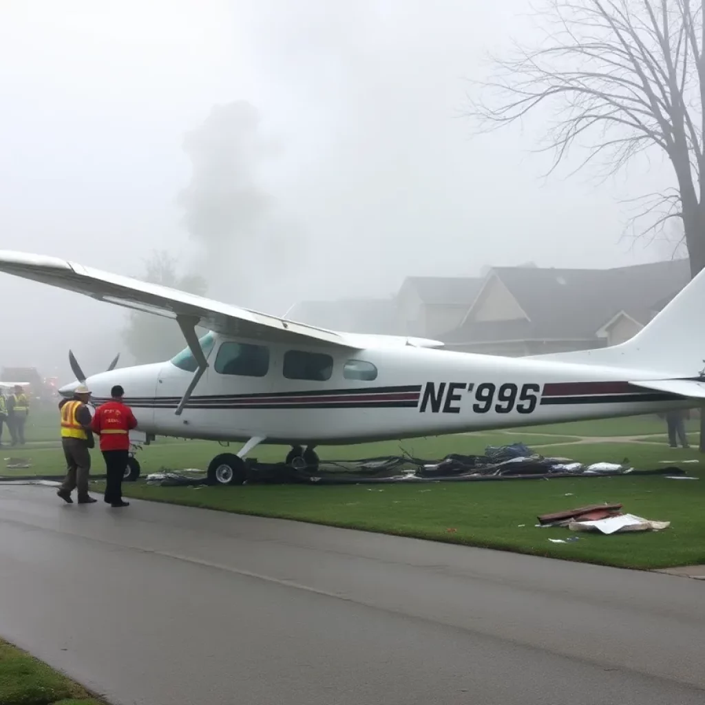 Aerial view showing the site of the plane crash in a suburban neighborhood.