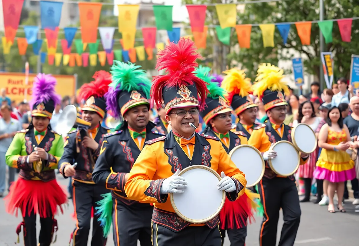 The vibrant Seed and Feed Marching Abominable band performing at the Piccolo Spoleto festival.