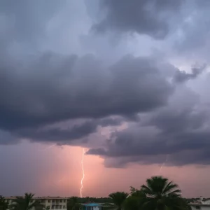 Dark storm clouds over Charleston SC with trees swaying in the wind
