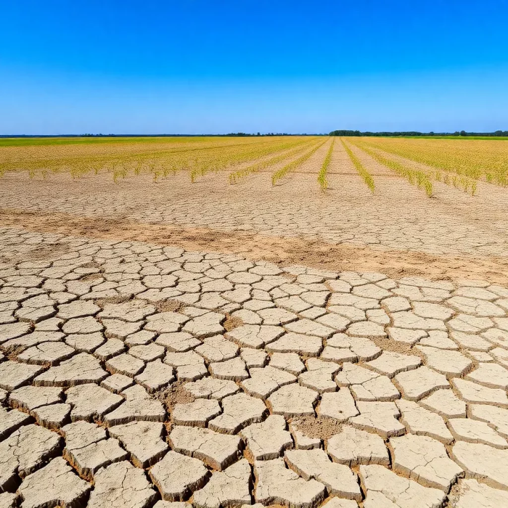 Aerial view of dry and cracked farmland in South Carolina