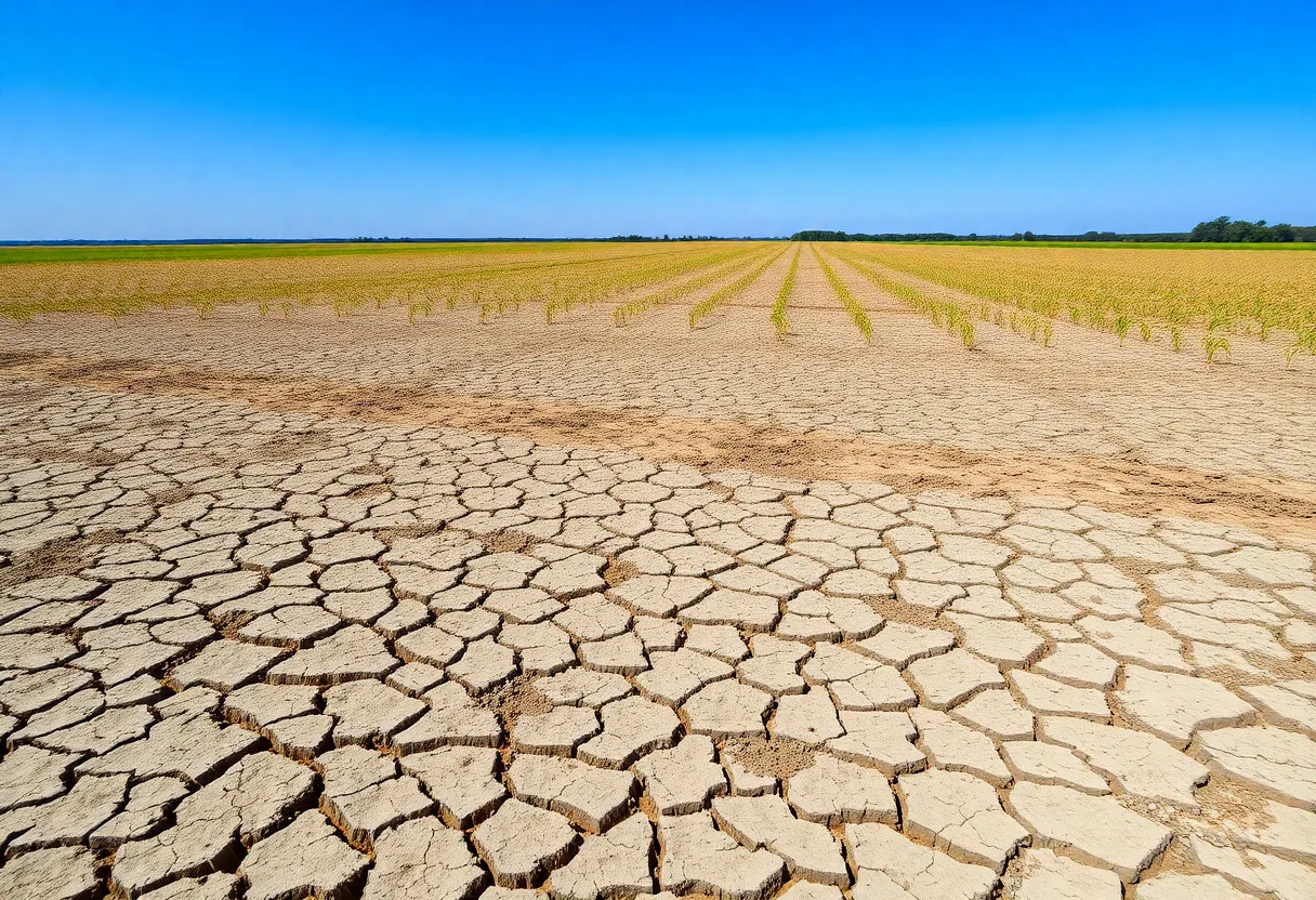 Aerial view of dry and cracked farmland in South Carolina