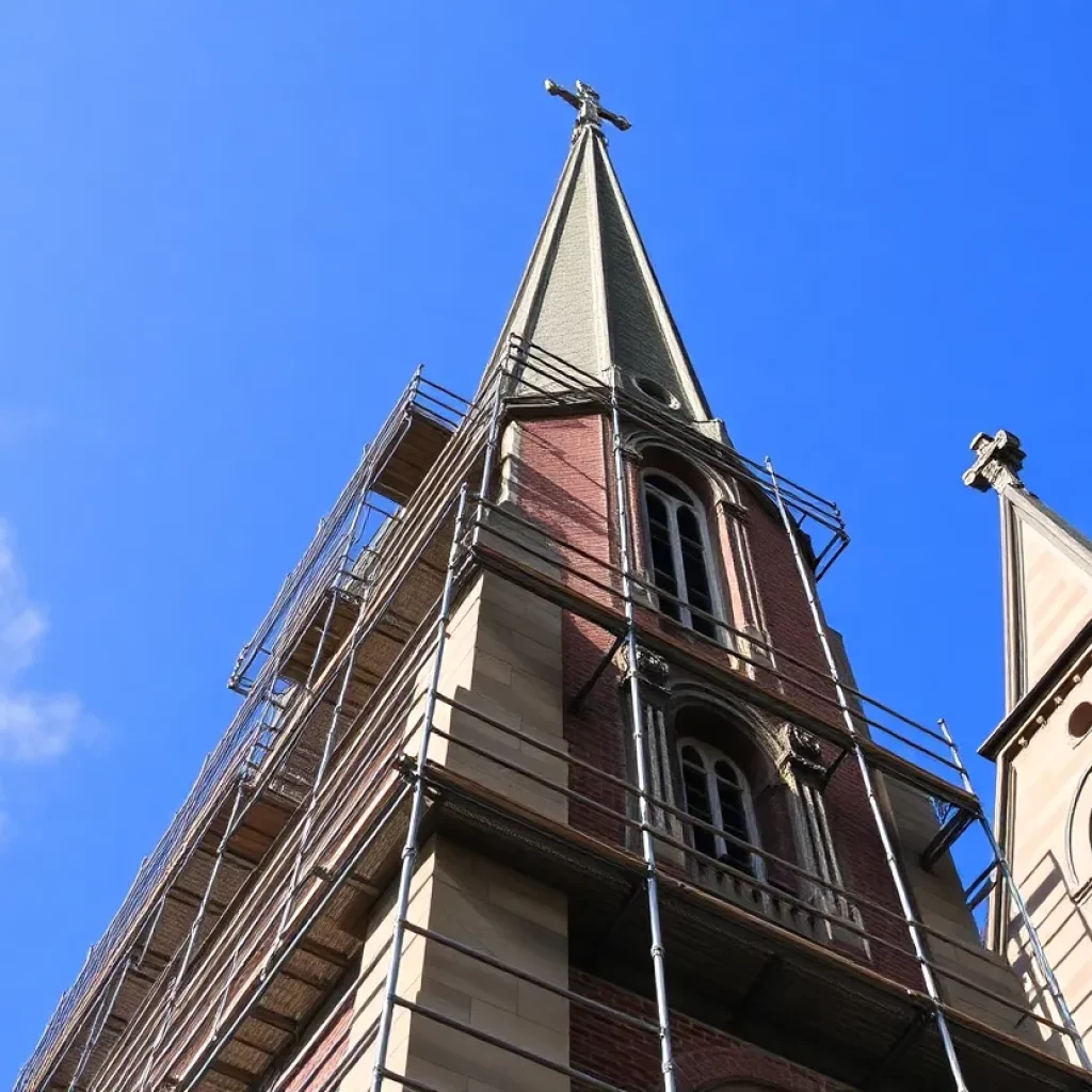 Restoration of St. Philip's Church steeple in Charleston with scaffolding