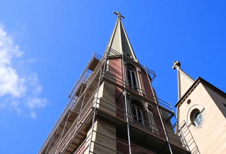 Restoration of St. Philip's Church steeple in Charleston with scaffolding