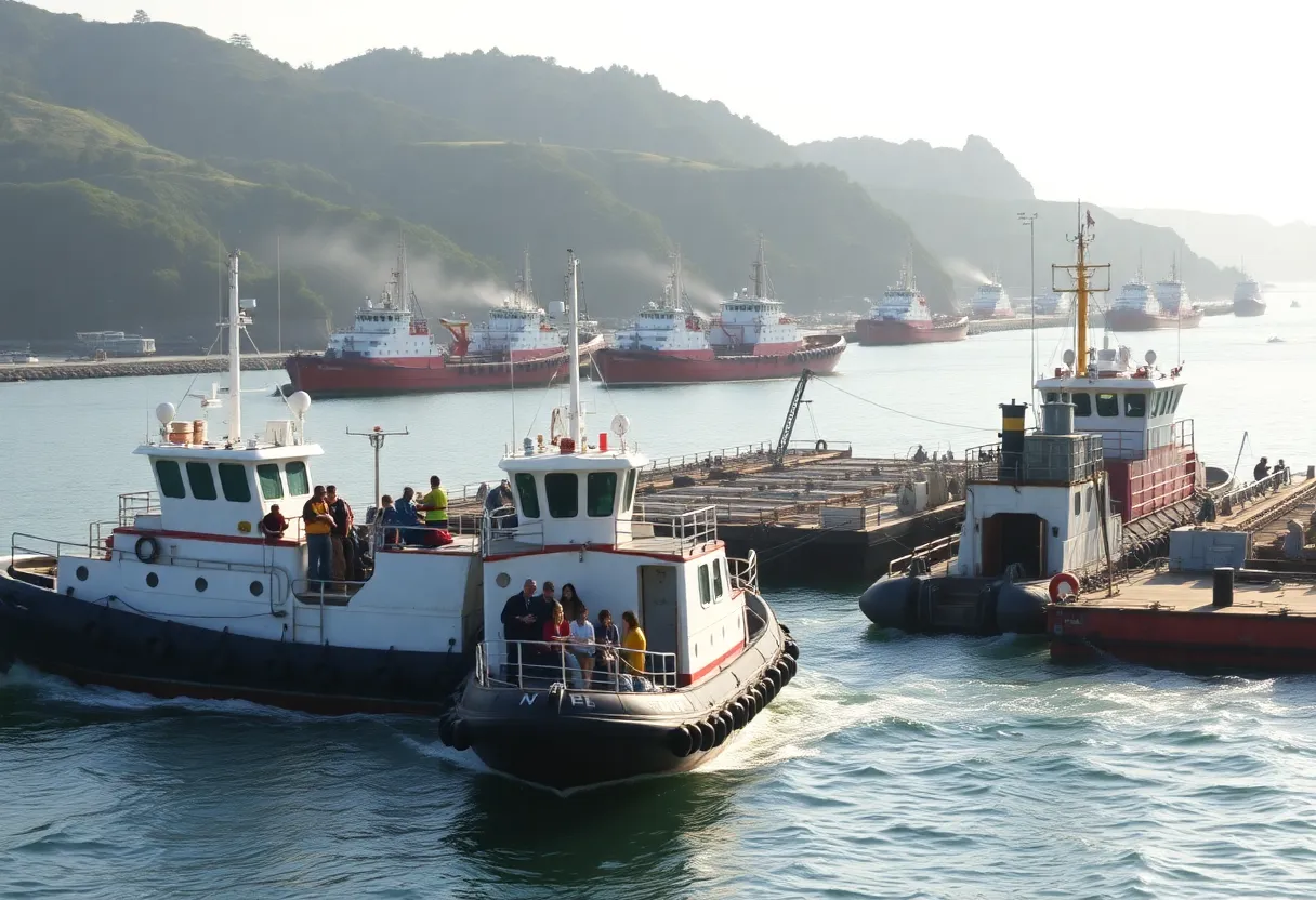 A tugboat and barge operating along the coastline, symbolizing Stevens Towing's maritime services.