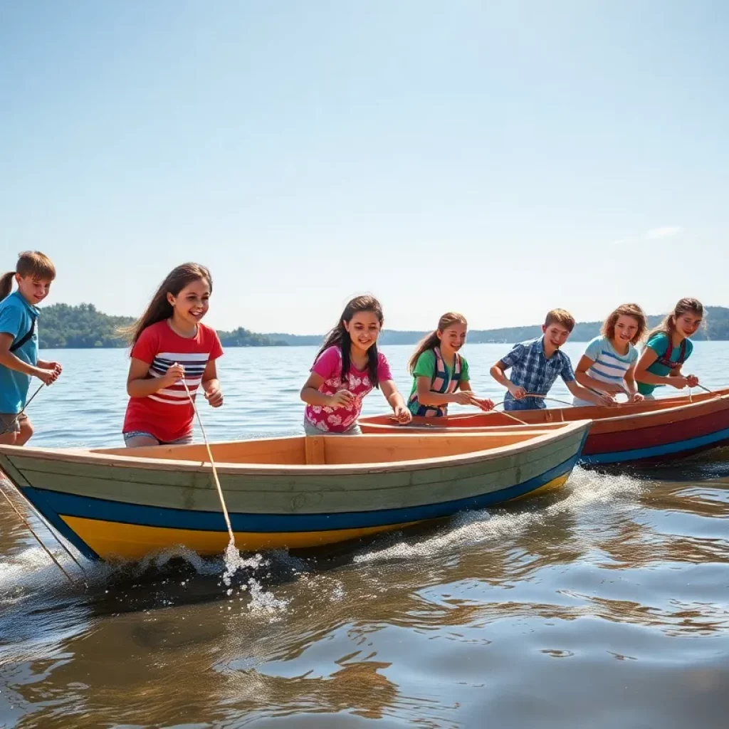 Children launching their handmade boats on Colonial Lake