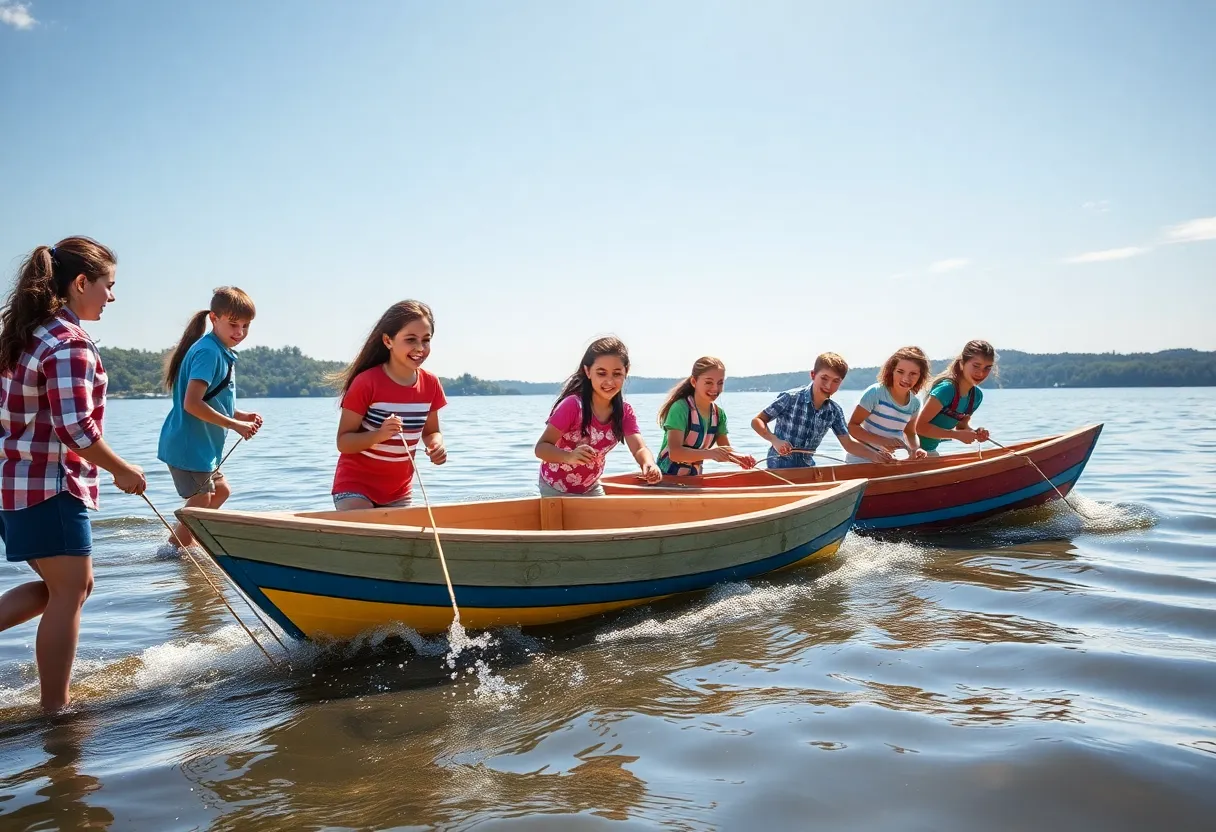 Children launching their handmade boats on Colonial Lake