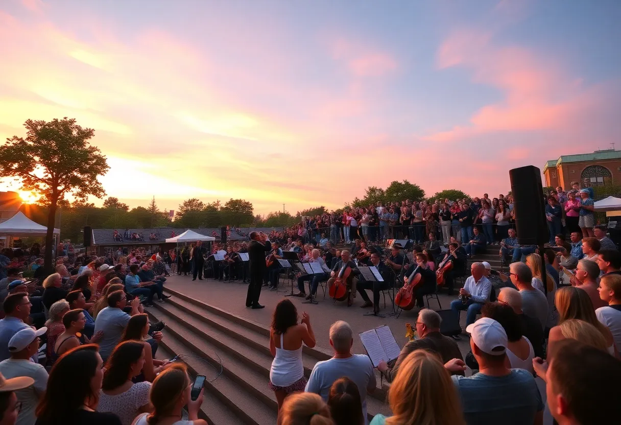 Outdoor concert setting during the Sunset Serenade event with an orchestra performing.