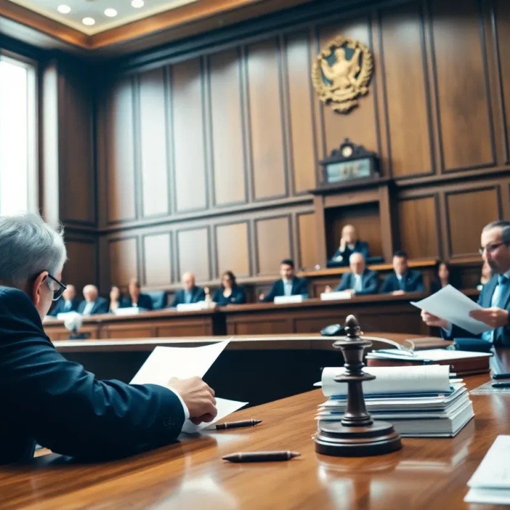 Courtroom with judges and lawyers debating legal issues