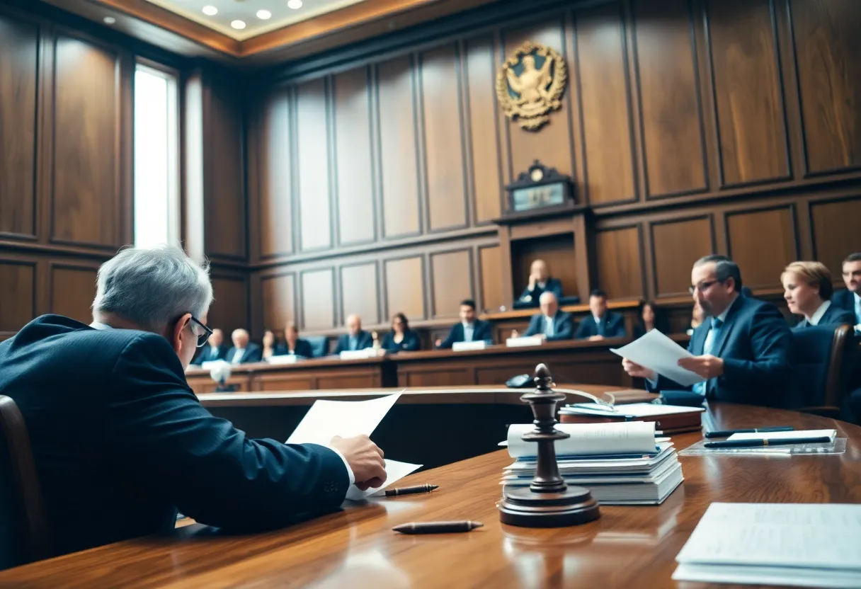 Courtroom with judges and lawyers debating legal issues