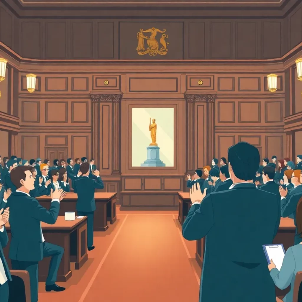 Supreme Court justices and attendees applauding a lawyer during a recognition ceremony.
