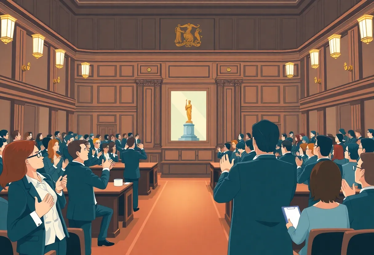 Supreme Court justices and attendees applauding a lawyer during a recognition ceremony.