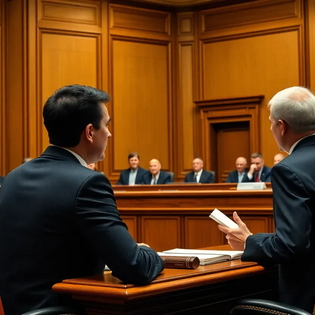 Lawyers discussing RICO damages and personal injury claims in a courtroom.