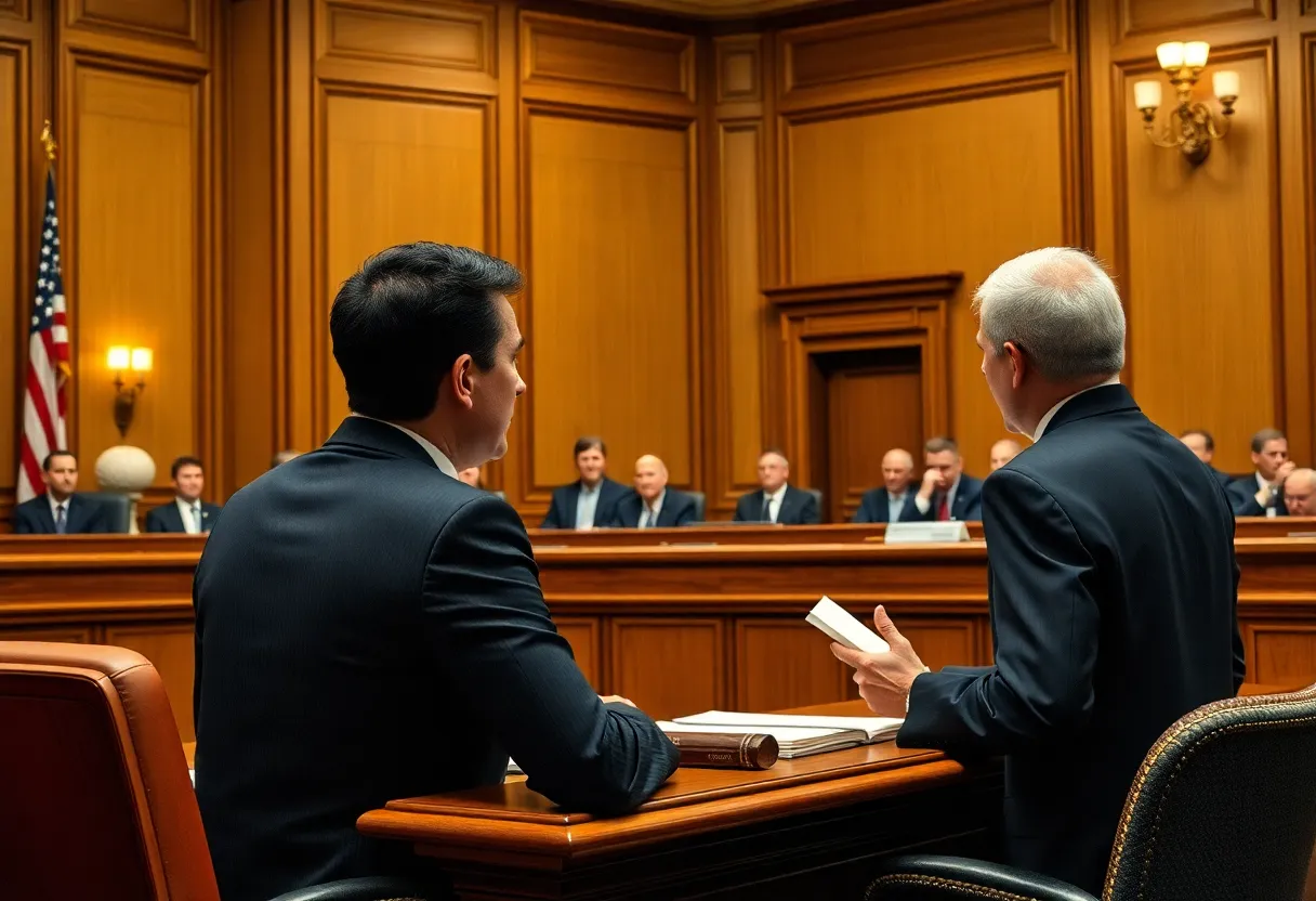 Lawyers discussing RICO damages and personal injury claims in a courtroom.