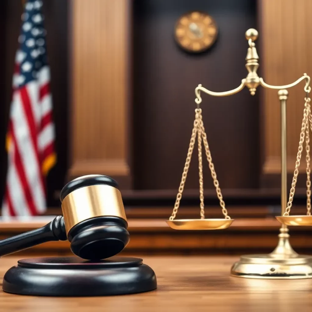 An artistic representation of law featuring a gavel and scales of justice.