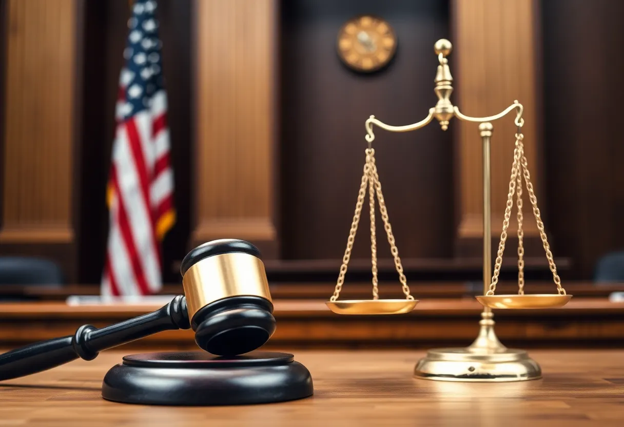 An artistic representation of law featuring a gavel and scales of justice.