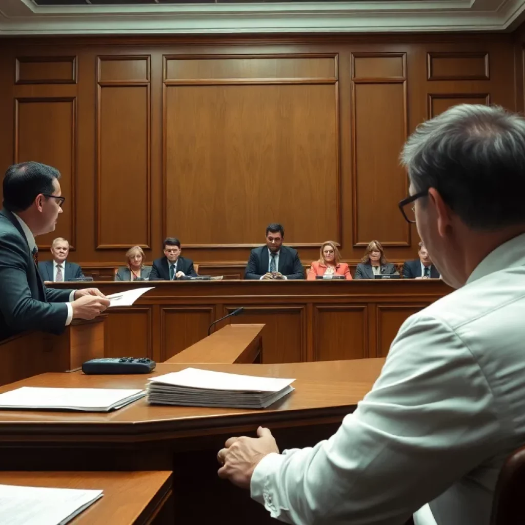 Courtroom scene of talcum powder litigation with lawyers and jury.