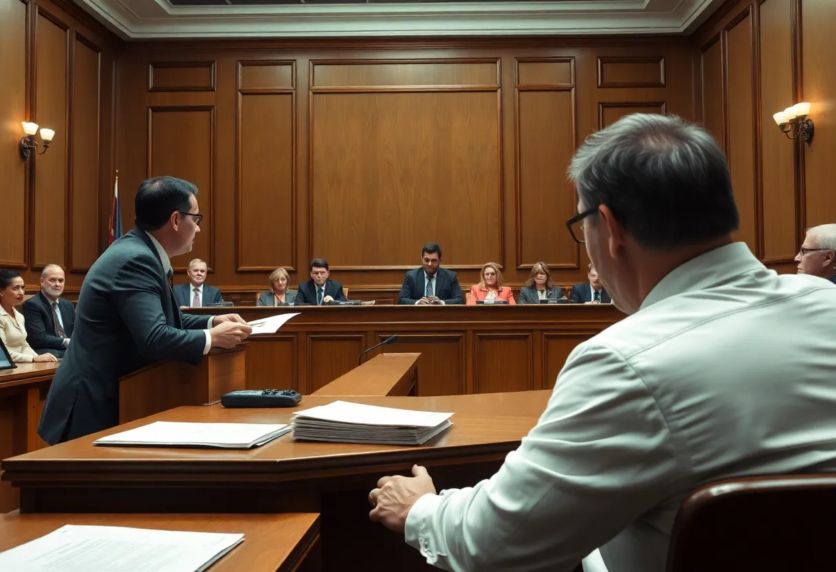 Courtroom scene of talcum powder litigation with lawyers and jury.