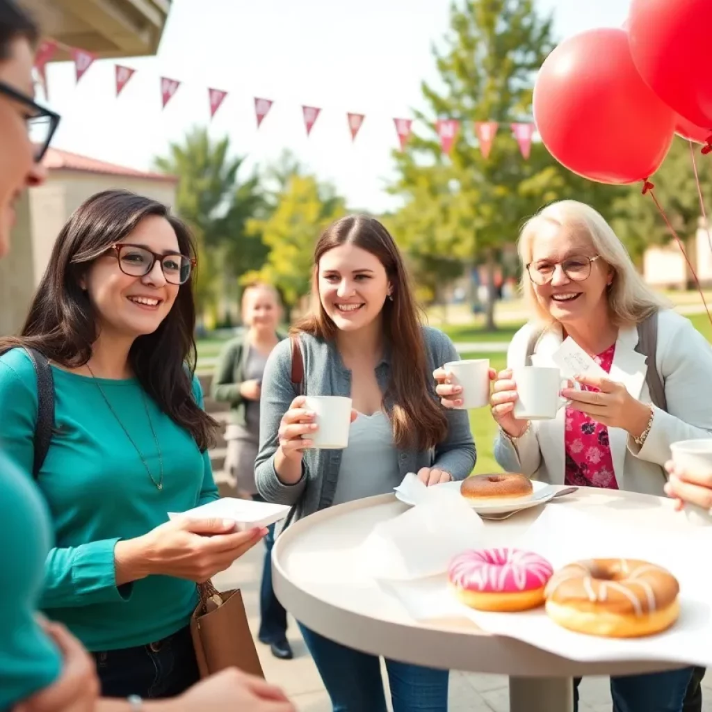 Teachers and students enjoying coffee and doughnuts during Teacher Appreciation Week