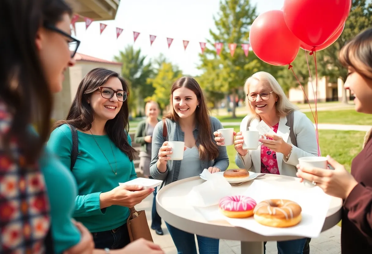 Teachers and students enjoying coffee and doughnuts during Teacher Appreciation Week
