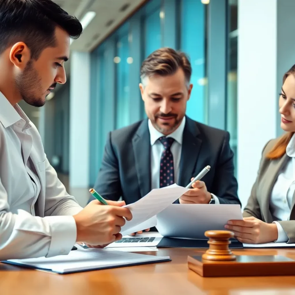 A team of lawyers discussing financial transactions in a modern office.