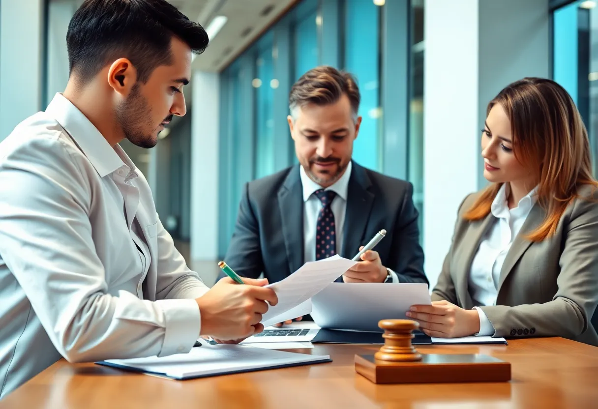 A team of lawyers discussing financial transactions in a modern office.